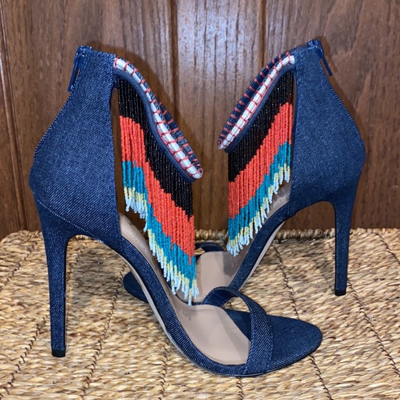 ALDO Back Zip Franssie Beaded Denim Fringe- 4.5” Stiletto Heels-Women’s size 7 - Picture 7 of 12